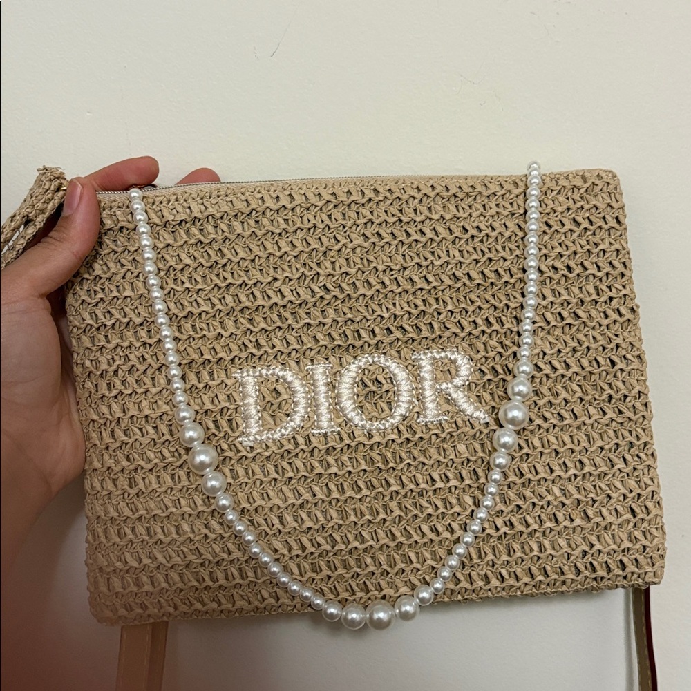 Dior Straw Clutch with Pearl Chain and Brown Trim